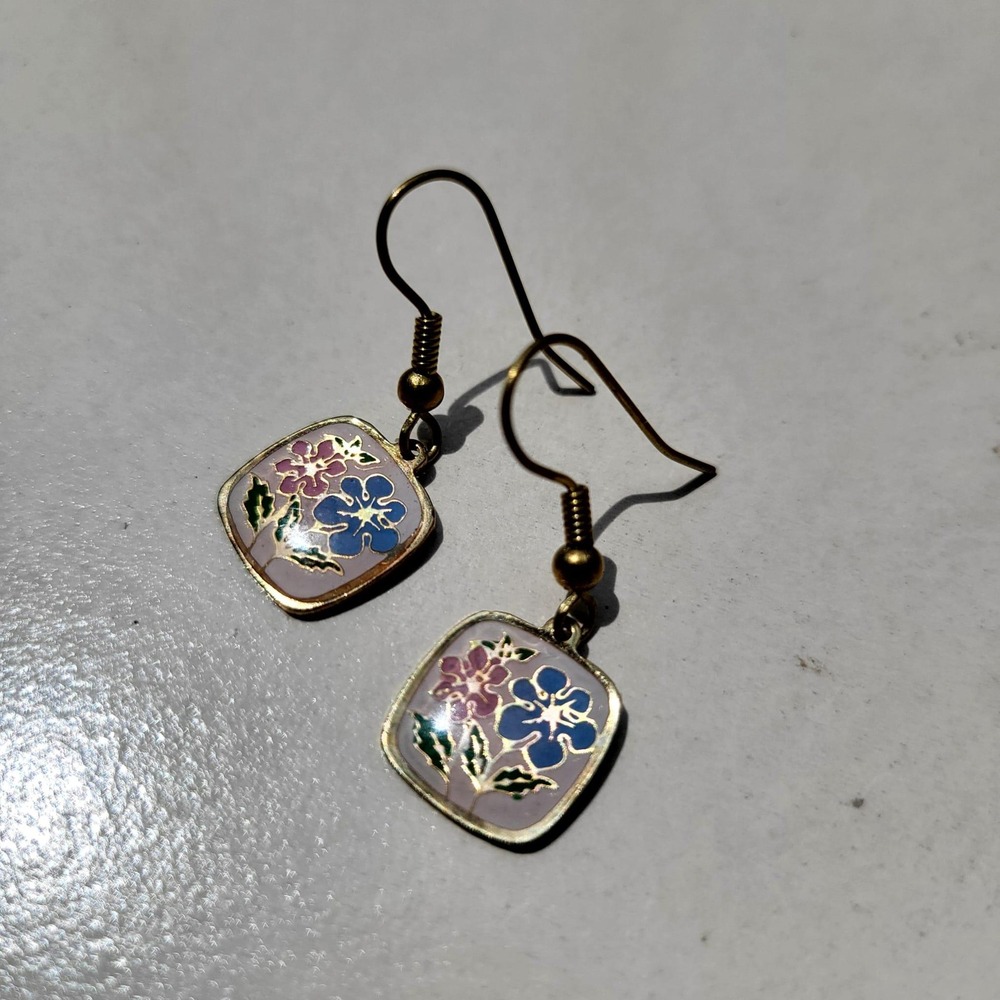 Vintage Enamel Metal Dangle Earrings Gold Pink Blue Floral Cloisonne Square